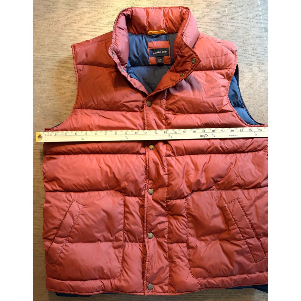 Lands End Mens Down Puffer Vest Rust Orange Navy Blue Quilted Snap Front Large - Picture 5 of 8
